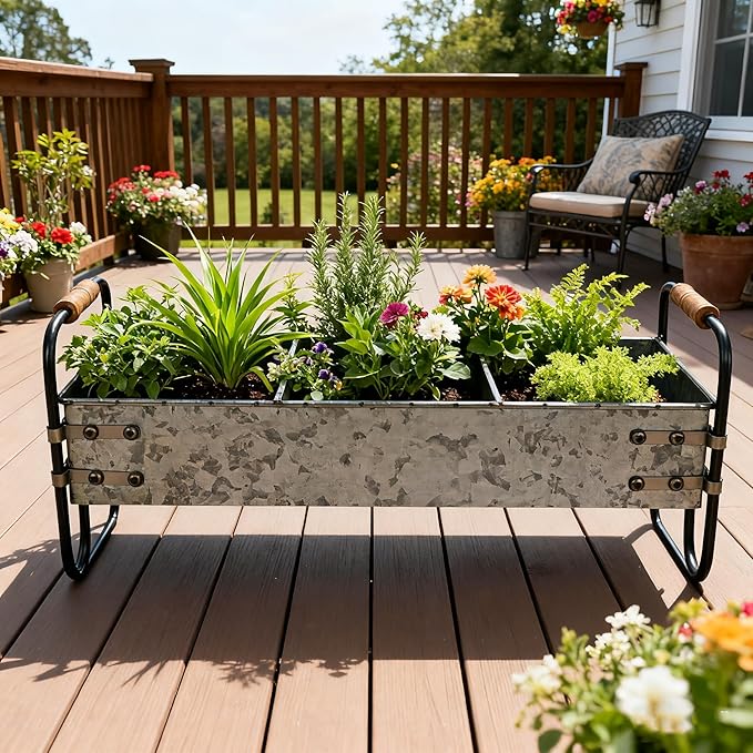 Rustic Galvanized Metal 3-Compartment Planter with Wood Handles, Vintage Style Succulent Herb Flower Pot for Indoor Outdoor Garden, Kitchen, Windowsill Decor