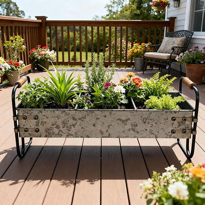 Rustic Galvanized Metal 3-Compartment Planter with Wood Handles, Vintage Style Succulent Herb Flower Pot for Indoor Outdoor Garden, Kitchen, Windowsill Decor