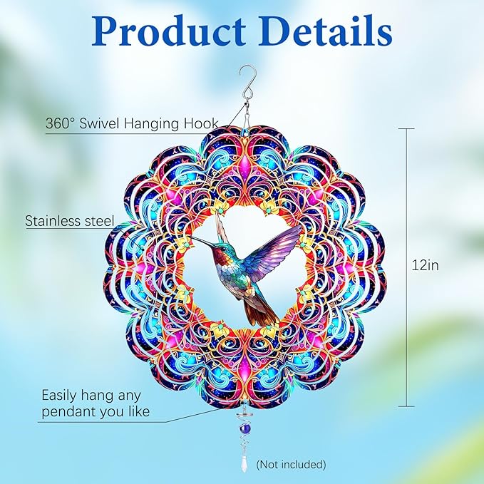Hummingbird Wind Spinner 12" Metal, Hummingbird Gifts for Women Mom Wife Grandma, Outdoor Indoor Hanging Ornament for Garden Porch Backyard Lawn, Gift for Birthday Thanksgiving Christmas