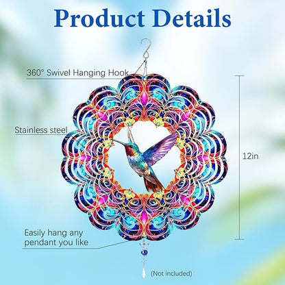 Hummingbird Wind Spinner 12" Metal, Hummingbird Gifts for Women Mom Wife Grandma, Outdoor Indoor Hanging Ornament for Garden Porch Backyard Lawn, Gift for Birthday Thanksgiving Christmas