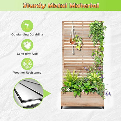 Metal Raised Garden Bed with Trellis, 2-in-1 Planter Box & Privacy Screen for Climbing Plants, Outdoor Standing Flower Bed with Drainage Holes, 35.4" L x 15.7" W x 70.1" H, Acacia Wood Grain