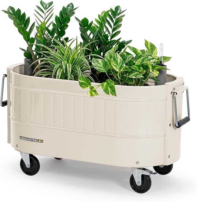 Permasteel Self-Watering Garden Bed, Rolling Planter for Vegetables, Flowers, Herbs, and Fruit, Outdoor Indoor, Caster Wheels, Ivory