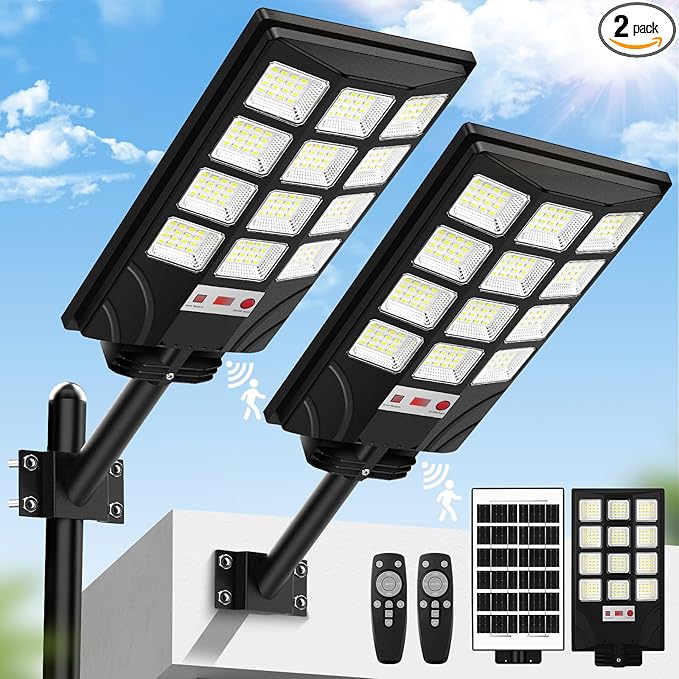 Brightever Solar Street Light Outdoor, 20000LM 6500K Waterproof Motion Sensor LED Solar Powered Flood Light with Remote Control, Dusk to Dawn Commercial Area Lighting for Outside Parking Lot, 2-Pack