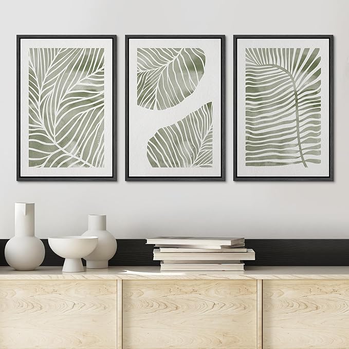 Ashbrook Framed Canvas Print Wall Art Set Abstract Jungle Green Pastel Plants Nature Wilderness Illustrations Modern Art Rustic Chic Colorful for Living Room, Bedroom, Office - 16"x24"x3 Black