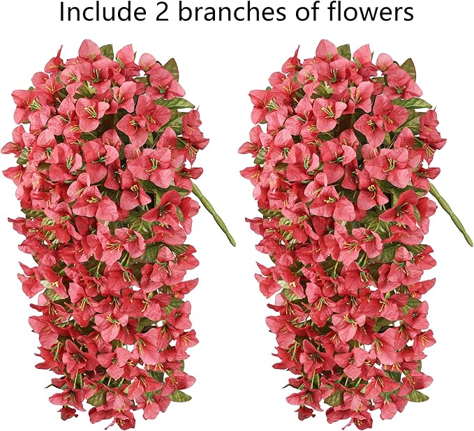 Bougainvillea Artificial Flowers Fake Plants for Outdoors Winter Decoration, 2 pcs Faux Long Trailing Vines UV Resistant Look Real Red Silk Flowers for Outside Planter Front Door Porch Urn Yard Patio