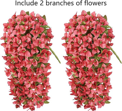 Bougainvillea Artificial Flowers Fake Plants for Outdoors Winter Decoration, 2 pcs Faux Long Trailing Vines UV Resistant Look Real Red Silk Flowers for Outside Planter Front Door Porch Urn Yard Patio