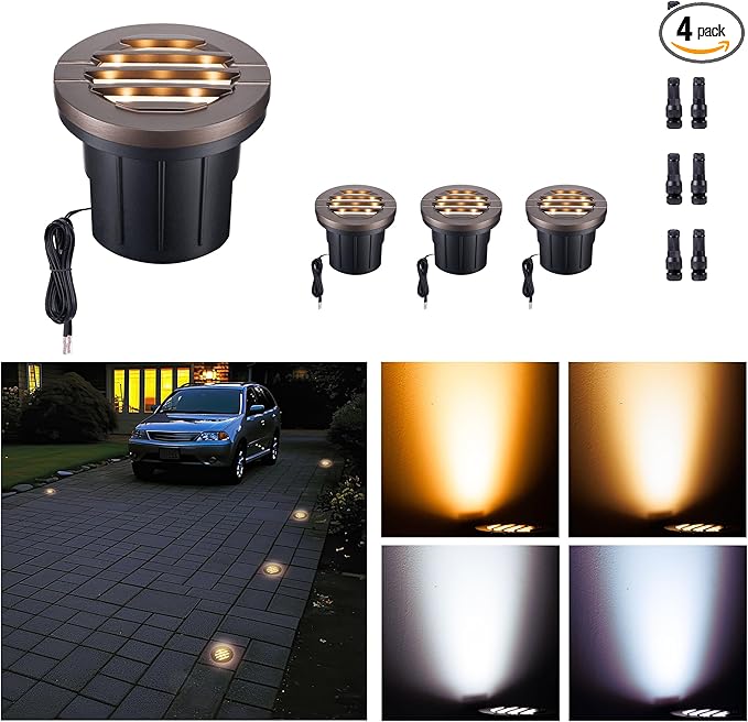 LED Outdoor In-Ground Well Lights, 12V Low Voltage Wired Landscape Lighting for Path & Driveway, IP67 Waterproof, Anti-Glare Aluminum ORB (4-Pack, Color Temp Random: 3000K or 5CCT Upgrade)