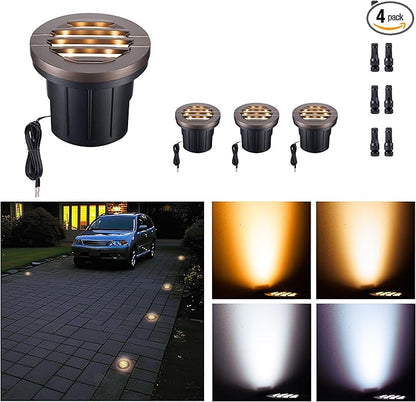 LED Outdoor In-Ground Well Lights, 12V Low Voltage Wired Landscape Lighting for Path & Driveway, IP67 Waterproof, Anti-Glare Aluminum ORB (4-Pack, Color Temp Random: 3000K or 5CCT Upgrade)
