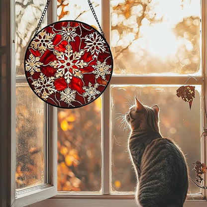 Stained Glass Window Hanging 4 Pcs Set Red Christmas Elk Snowflakes 6.3" - Deer Suncatcher Door Garden Sun Catcher Decor Birthday for Mom Woman Nana Men Friend