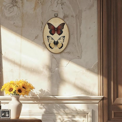 LKETW Vintage Butterfly Oval Wall Art Decor, Retro Cottagecore Butterfly Oval Canvas Hanging Decor, Retro Whimsical Moth Insect Wall Decorations for Home Living Room Bedroom, 8.6x11.4 Inch