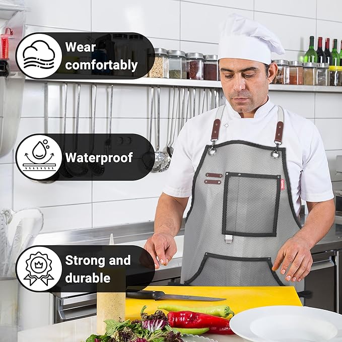 Waterproof Work Apron for Chefs, Hair Stylists, Artists, Gardeners, Adjustable, Multi-Pockets, TPU Mesh Fabric, Plus Size