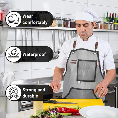 Waterproof Work Apron for Chefs, Hair Stylists, Artists, Gardeners, Adjustable, Multi-Pockets, TPU Mesh Fabric, Plus Size