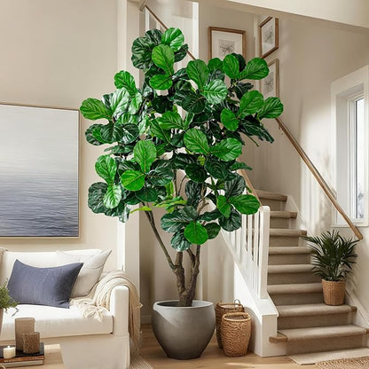 Artificial Fiddle Leaf Fig Tree 8ft with White Planter Realistic Fiddle Leaf Lyrata Plant Tall Fake Tree with Natural-Looking Leaves Fake Tree for Indoor Outdoor Home Office Decor