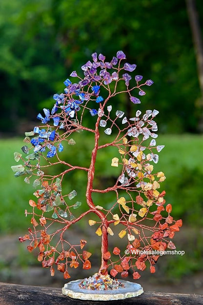 Seven Chakra Crystal Gem Tree with Natural Agate Slice Base – Handmade Wire Tree for Energy Healing, Meditation & Home Decor