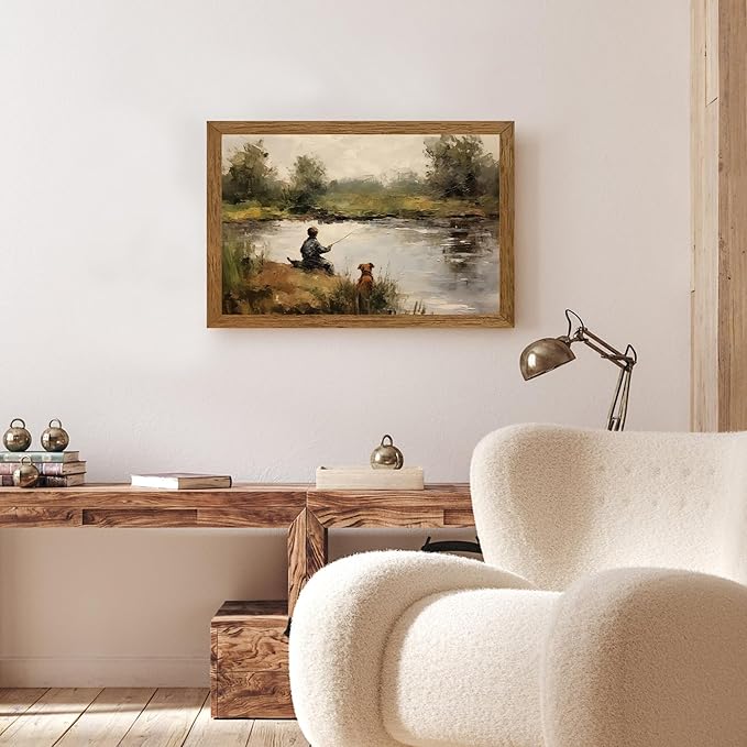 Wojuin Framed Vintage Boy Fishing Canvas Wall Art, Child with Pole and Puppy Artwork Wall Decor, Country Farmhouse Boyhood Dog Paintings Prints for Nursery Living Room Bedroom Bathroom 16x24 in