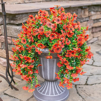 HyeFlora Artificial Fall Flowers for Outdoors Fake Hanging Decoration, 2Pcs Orange Daisy with Autumn Leaves, Realistic Plants Decor, UV & Fading Resistant Silk Flower for Porch Patio Balcony