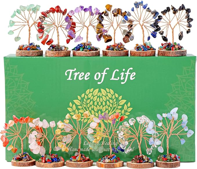 Runyangshi 12pcs Crystal Tree Set Tree of Life Natural Crystal Healing Stones with Wooden Base Gemstone Trees Fengshui Good Luck Positive Energy Home Decor
