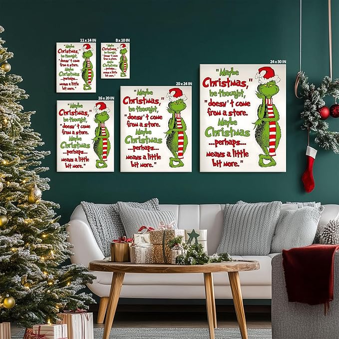 Christmas Canvas Wall Art Decor - “Maybe Christmas Means a Little Bit More” Holiday Quote Decor - 8x10 inch Whimsical Festive Wall Decoration for Room or Office - Premium Quality Canvas Print