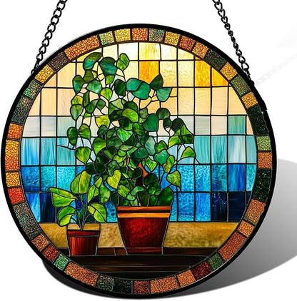 Stained Glass Window Hanging Green Potted Plants Large 15" - Suncatcher Door Garden Sun Catcher Retro Home Decor Birthday Christmas for Mom Men Woman Nana Friend