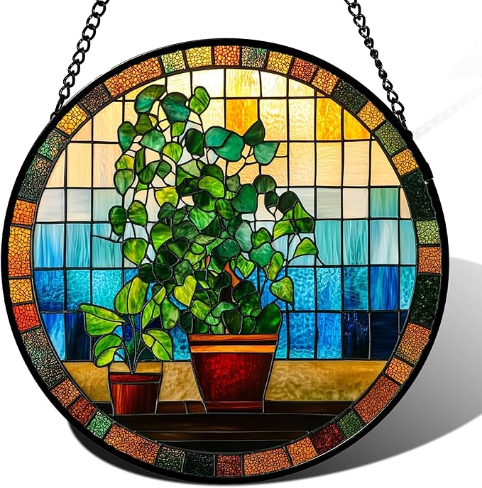 Stained Glass Window Hanging Green Potted Plants 6.3" - Suncatcher Door Garden Sun Catcher Retro Home Decor Birthday Christmas for Mom Men Woman Nana Friend