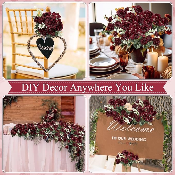6 Pcs Artificial Peony Silk Florals Fake Mix Silk Peony Rose Faux Flower Hydrangea Bouquet Elegant Realistic Wedding Floral Centerpiece for Home Party Table Arrangement (Red)