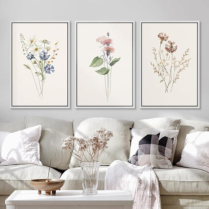 Ashbrook Framed Canvas Print Wall Art Set Pastel Flower Variety Nature Wilderness Illustrations Modern Art Decorative Floral Botanical Minimal Calm/Relax/Cozy for Bedroom - 24"x36"x3 White