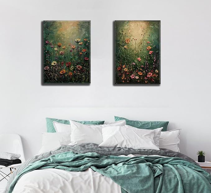 2Psc Vintage Framed Canvas Wall Art Dried Flowers Painting Picture Wall Decor Retro Moody Floral Botanical Poster Print Artwork for Bathroom Bedroom Living Room Gallery Home Decoration