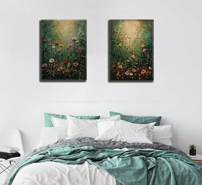 2Psc Vintage Framed Canvas Wall Art Dried Flowers Painting Picture Wall Decor Retro Moody Floral Botanical Poster Print Artwork for Bathroom Bedroom Living Room Gallery Home Decoration