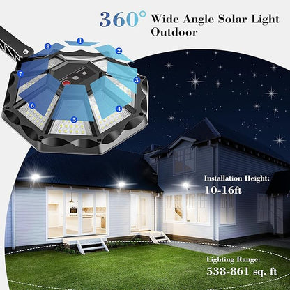 Solar Lights Outdoor - 6500K Solar Street Lights Outdoor, Motion Sensor&Dusk to Dawn Flood Light, 168LED 8 Sides 360°Wide Angle Security Flood Light, IP66 Waterproof with Remote, for Yard/Pool(2 Pack)