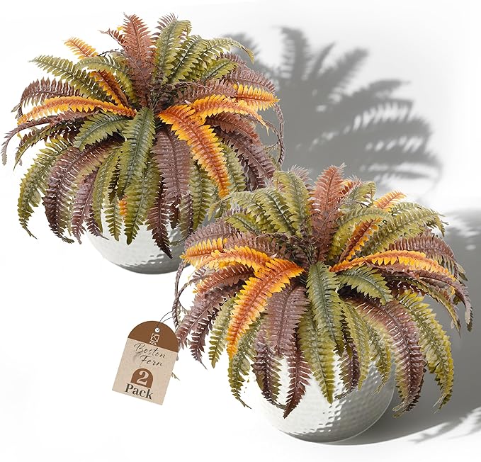 KOL 2-Pack 45in Artificial Boston Ferns, Autumn Faux Fern Bushes with Bendable Stems for Hanging or Floor Display, Living Room Wedding Indoor Outdoor Decor