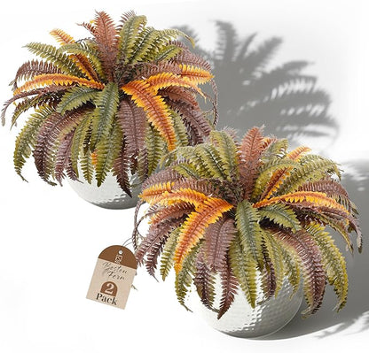 KOL 2-Pack 45in Artificial Boston Ferns, Autumn Faux Fern Bushes with Bendable Stems for Hanging or Floor Display, Living Room Wedding Indoor Outdoor Decor