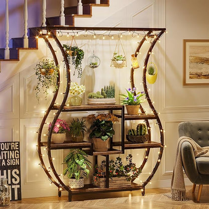 Tribesigns 6-Tier Plant Stand, 70.9 Inch Tall Plant Shelf with 10 Hanging Hooks, Vase Shape Ladder Plant Stand, Multi-Purpose Plant Display Rack for Indoor, Balcony, Living Room, Brown and Black