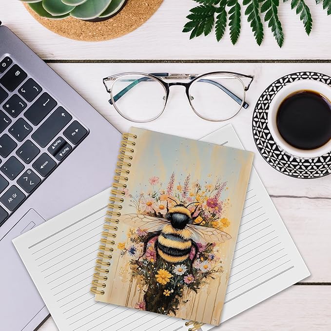 Vintage Bee Spiral Notebook, Retro Animal Bumble Honeybee Journaling Notebooks Gift for Teacher Student Women, Spring Flower Plant Hardcover Journals for School Office, 160 Pages 5.5 x 8.3 Inch