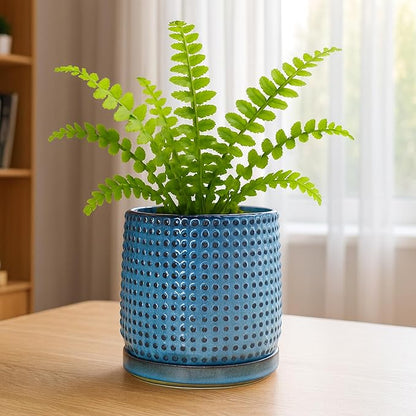 D'vine Dev 6 Inch Ceramic Beaded Stoneware Planter Pot - Flower Pot with Drainage Holes and Saucers for Indoor Succulent Plants or Flowers, Ocean Teal, 27-C-X-8
