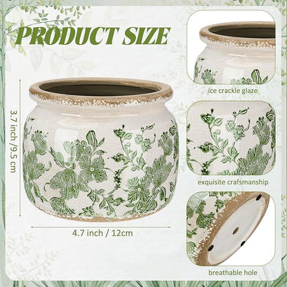 4.7" Small Ceramic Plant Pot Beige Green Vintage Floral Crackle Glaze Rustic Flowers Pot Decorative Planter with Drainage for Indoor Outdoor Plants Home Kitchen Office Decor Gift
