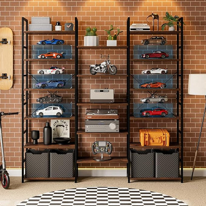 OTK Triple Wide 6 Tier Bookshelf, Rustic Industrial Style Bookcases with 14 Open Display Shelves, Wide Bookshelves for Bedroom, Living Room and Home Office, Rustic Brown