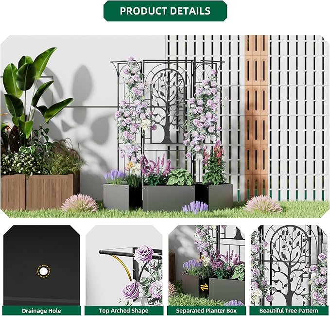 Metal Planter Box with Greenhouse Cover, Raised Garden Bed with Trellis Privacy Screen, 62 inch Tall Planter Boxes for Climbing Plants, Flowers, Vegetables, Fruits, Balcony and Patio Decor (Black)