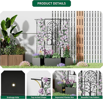 Metal Planter Box with Greenhouse Cover, Raised Garden Bed with Trellis Privacy Screen, 62 inch Tall Planter Boxes for Climbing Plants, Flowers, Vegetables, Fruits, Balcony and Patio Decor (Black)