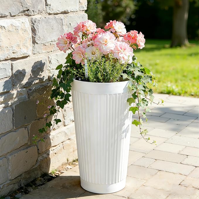 24” Outdoor Tall Planters Set of 2, Self Watering Large Planter Pots for Indoor Plants, Plastic Outdoor Flower Pots with Drainage Hole for Front Porch, Patio (White Ribbed)