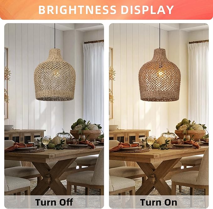 Arturesthome 1 Light Rattan Pendant Light Rattan Chandelier Handwoven Boho Coastal Pendant Lampshade Wicker Basket Ceiling Light Hanging Light for Dining Living Room D 15.7″* 19.6″