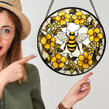 Stained Glass Window Hanging - Yellow Flowers Surrounded by Bees Sun Catcher for Door Garden Home Decor Cute Suncatcher Christmas Mother's Day Birthday Gifts for Women Men Mom Nana 9.8 in