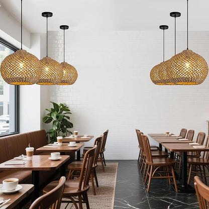 Farmhouse Rattan Pendant Lights, 13.8" Wicker Hand-Woven Rustic Chandelier, Round Hanging Light Fixture for Kitchen Island Bedroom Hallway Entry Living Room Dining Coffee Bar