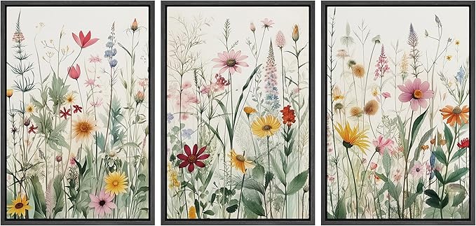 Ashbrook Framed Canvas Print Wall Art Set Garden Forest Wildflowers Nature Wilderness Illustrations Modern Art Decorative Floral Botanical Minimal Calm/Relax/Cozy for Bedroom - 16"x24"x3 BLACK
