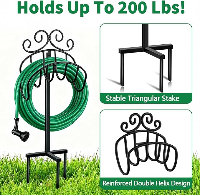 AMAGABELI GARDEN & HOME Hose Holder for Outside Freestanding 150 Feet Christmas Gift Heavy Duty Metal Detachable Rustproof Hose Stand Hanger Decorative Hose Storage With Ground Stakes Garden Lawn