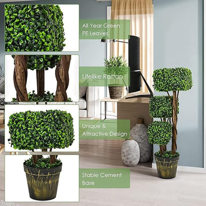 Goplus 36” 2 Pack Artificial Triple Square Shaped Boxwood Topiary Tree W/Cement-Filled Plastic Pot, Fake Plant Faux Greenery Plant Indoor & Outdoor Decoration for Home Office Garden Patio Entrance
