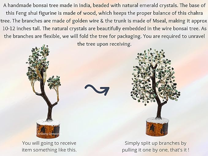 Amazing Gemstone Emerald Natural Healing Premium Crystal Bonsai Feng Shui Fortune Money Tree of Life for Home Office Decor, 10-12 Inch