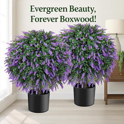 Real Touch 24" Artificial Lavender Trees (2-Pack) – Lifelike UV-Resistant Artificial Plant Featuring a Natural Wood Trunk – Perfect for Front Porch, Patio & Home Decor