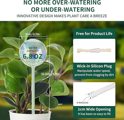 6.4 oz Medium Plant Self Watering Globes, Light Iridescent Glass Water Bulb for Indoor Plants Vacation Use, Automatic Plant Waterer, Watering Spikes Stakes, Perfect Gardening Gifts, 2 Pack