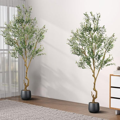 Artificial Fake Olive Tree 8FT Tall 2Pack Faux Silk Olive Tree for Home Living Room Office Decor Faux Artificial Plants Indoor Fake Potted Plants with Fruit & Free Moss