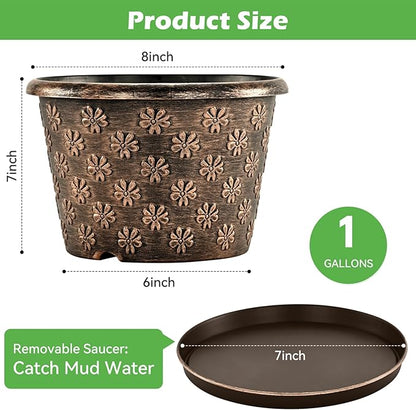 8 Inch Planter Pots for Plants, Plastic Flower Pots Indoor Outdoor, 5 Pack Resin Plant Pot with Drainage & Saucer, Retro Decorative Garden Pot with Removable Trays for House
